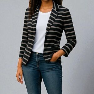 Express Jersey Open Front Jacket in Black & Gray Stripe Women's Size Small